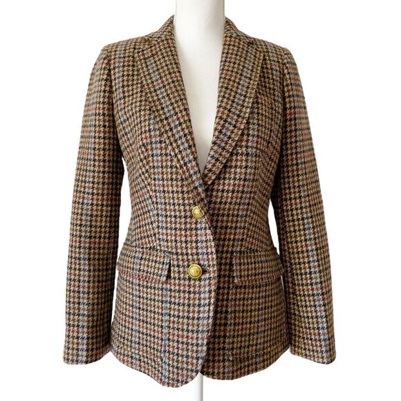 J.Crew Rhodes Blazer Jacket Wool Tweed Houndstooth Elbow Patches Brown Size 4 - Picture 2 of 11